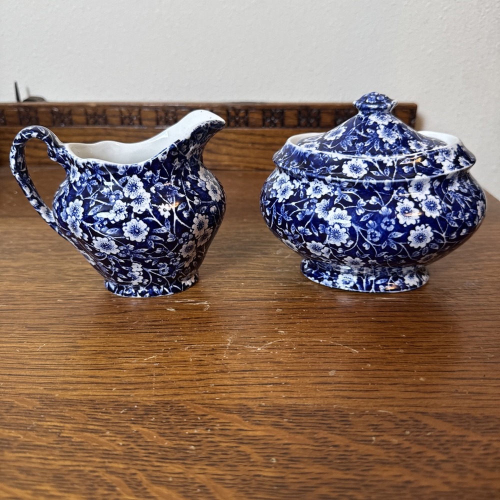 Vtg Royal Crownford Staffordshire Calico Blue Chintz Sugar Bowl & Creamer Set